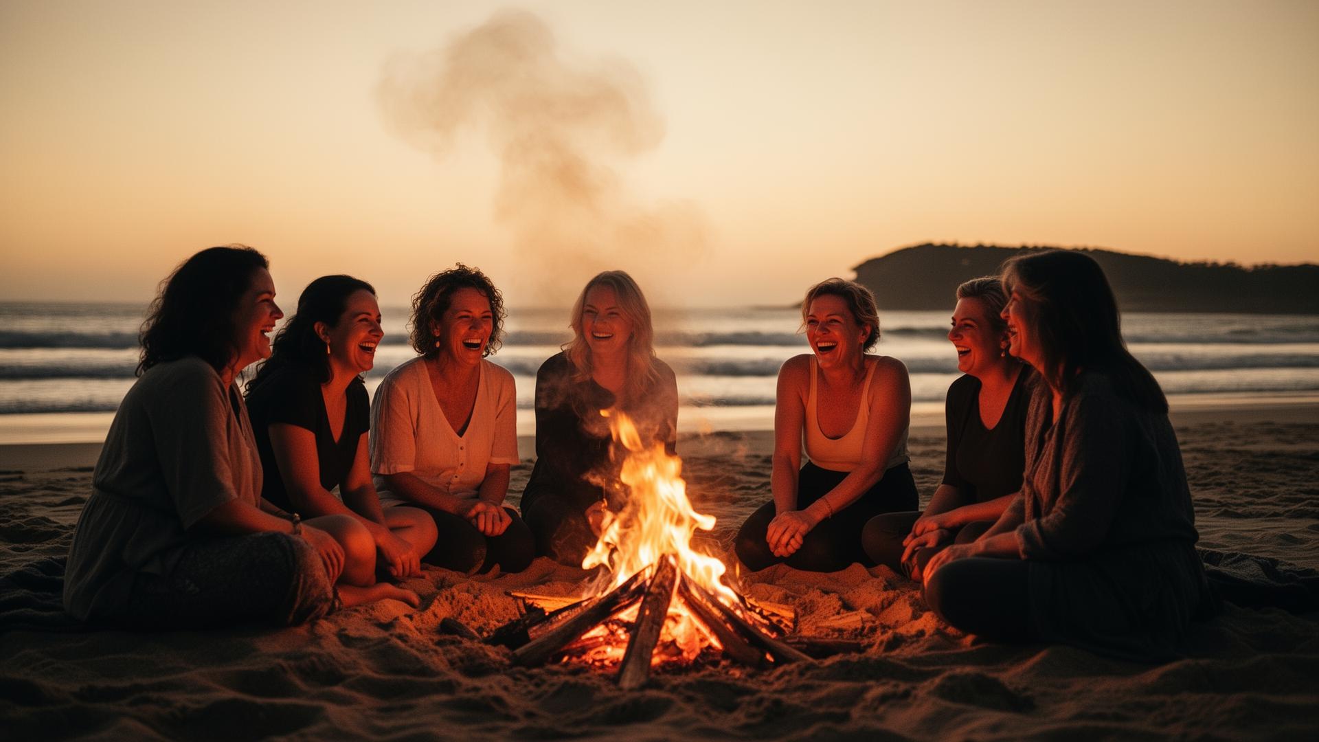 Women gathered around a bonfire on an Australian beach at dusk